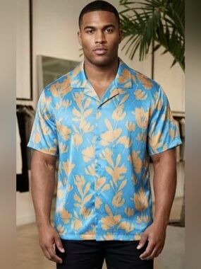 NOVAMEN Bloom Off Blue Gold Floral Cuban Collar Button Down Shirt XL